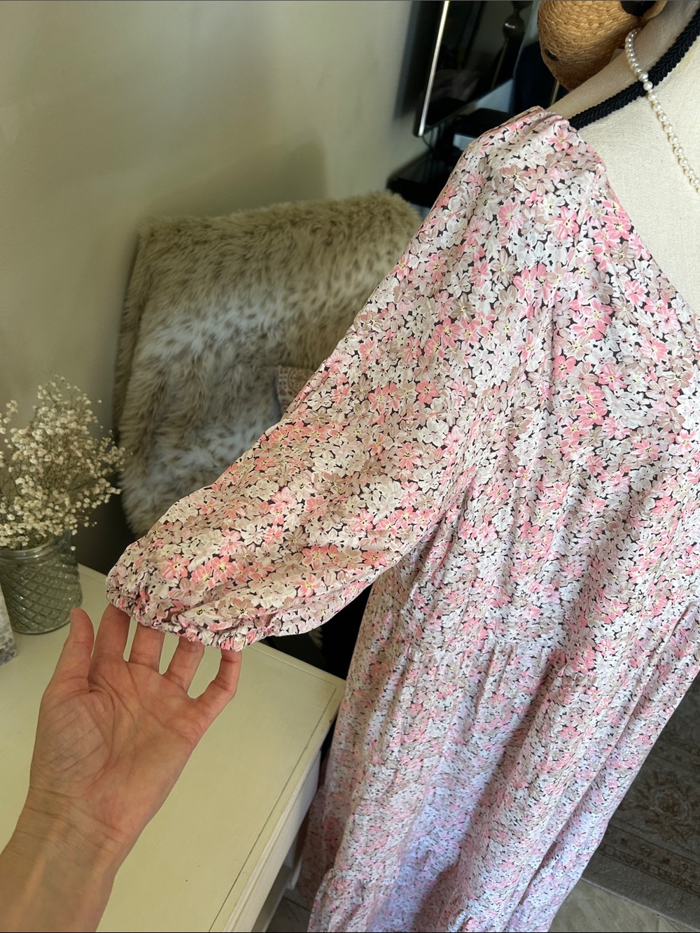 H&M brown tan cream, pink floral cottage V-neck tiered summer maxi dress XL - Picture 5 of 15